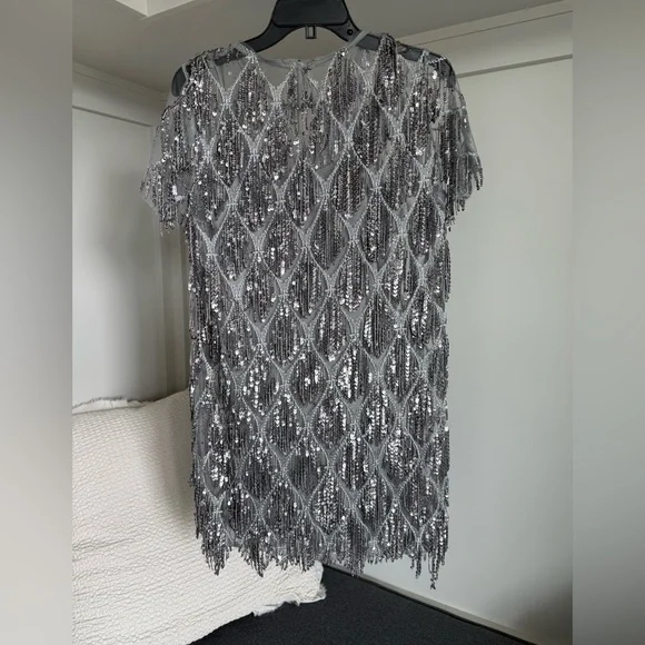 Lulus On a the Dance Floor Silver Sequin Fringe Shift Dress size Small - Picture 12 of 12